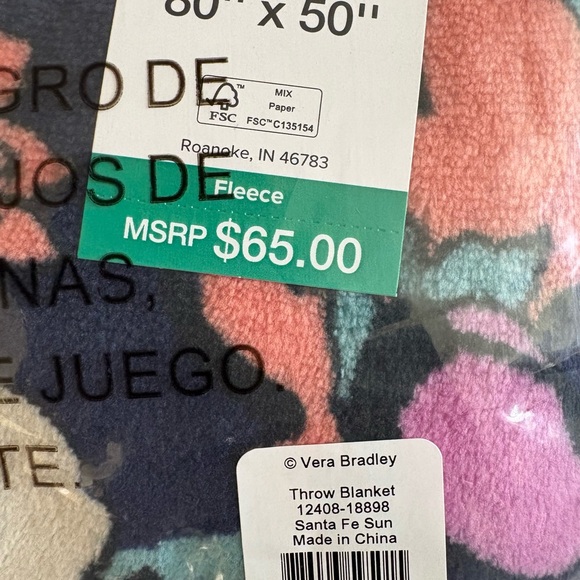 NWT Vera Bradley Fleece Floral Throw - Blue, Orange, Pink - Picture 4 of 4